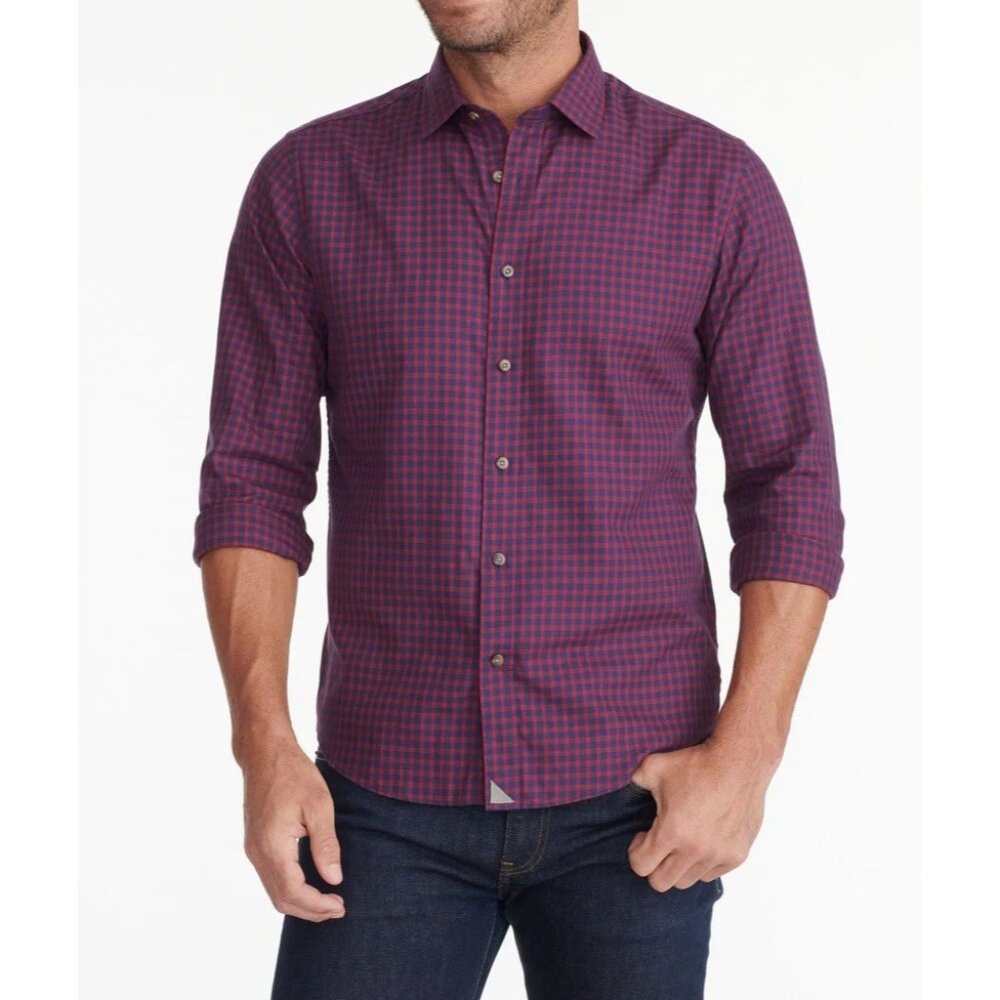 Untuckit Men’s Classic Cotton Andretti Shirt Plaid Navy Red XXL
